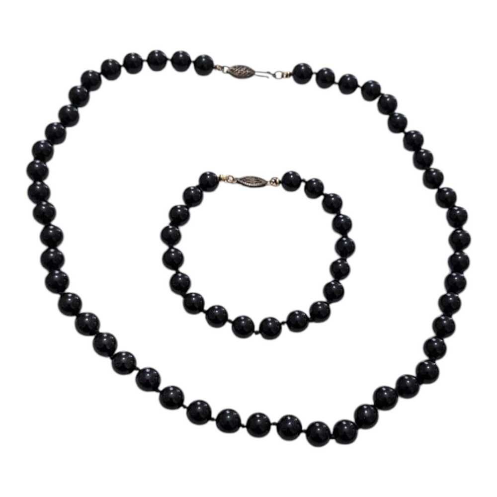 Vintage Black Onyx Beaded Necklace & Bracelet With Sterling Silver‎ Enclosure